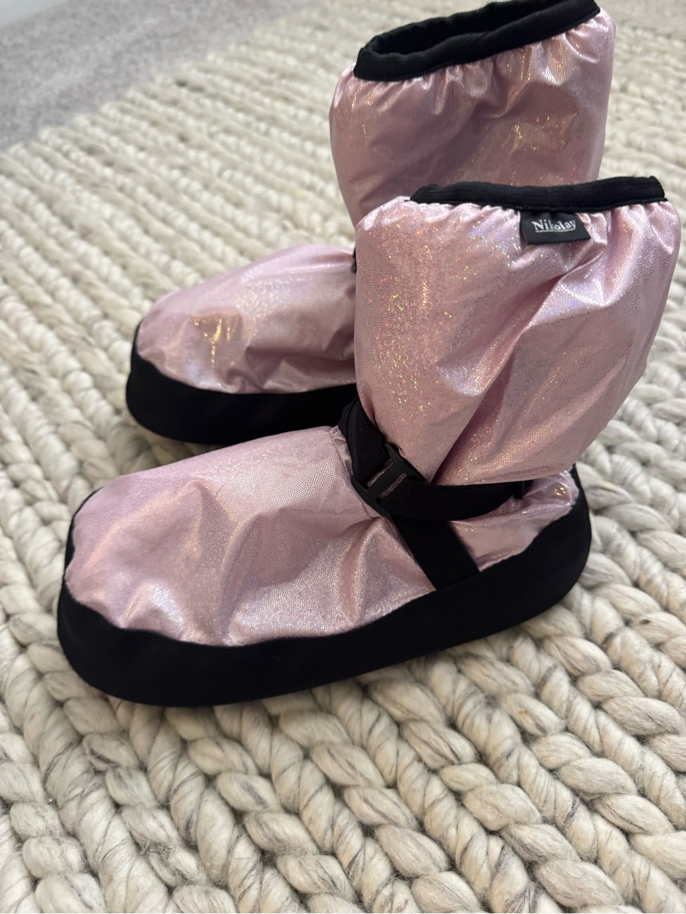 Nikolay Pink Shimmer Ballet Bootie Slippers with Black Soles